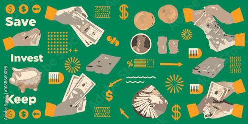 Financial concepts of saving investing and keeping money with dollar signs and piggy bank illustration