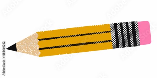 A stylized yellow pencil with a black tip and a pink eraser on a white background