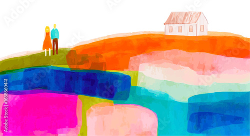 Isolates, Landscape with people and home, vector graphics style MANGO, for design web design, landing pages, sites, pages, vector for children's resources