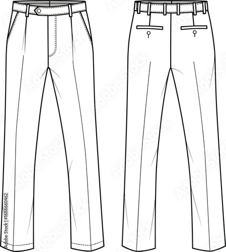 Flat vector CAD drawing of men’s formal trousers front and back view, fashion technical sketch, clothing design template, apparel mockup