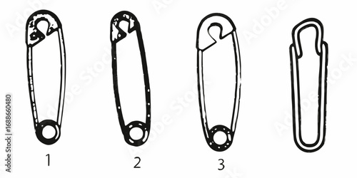 Four different styles of safety pins shown as black line drawings on a white background
