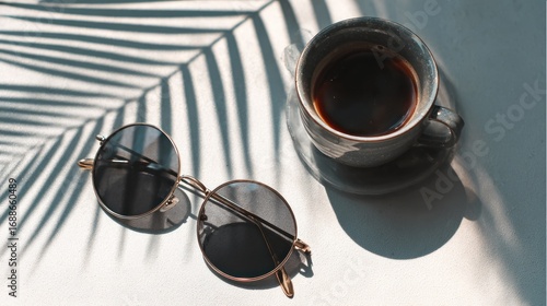 Overhead shot of coffee in a textured mug, sunglasses, and plant shadow on a white surface, evoking relaxation and a simple, sunny morning