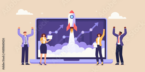Business team celebrates successful startup launch with rocket taking off on laptop screen