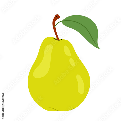 Ripe pear isolated on white background. Pear icon. Cartoon flat design. Fresh pear with leaves.
