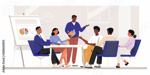 Diverse team of professionals collaborating and discussing ideas during a business meeting with a presentation board