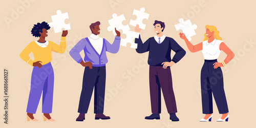 Diverse group of four people holding puzzle pieces together symbolizing teamwork and collaboration