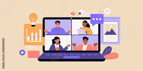 Diverse team collaborating remotely on a video conference call with graphs and ideas