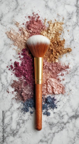 Makeup brush centered on marble, surrounded by scattered pigments in earthy tones; plum, bronze, beige, gold, and blue add visual interest