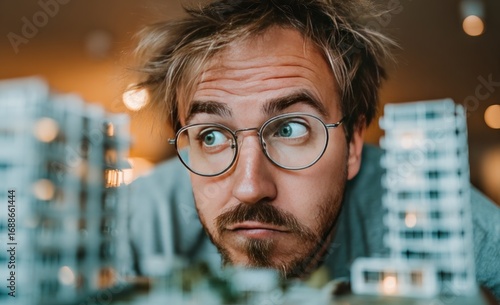 A disheveled man peers intently at a miniature cityscape, illuminated with warm, soft light, his face framed by glasses and tousled hair