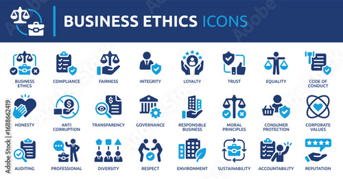 Business ethics icon set. Compliance, fairness, integrity, loyalty, trust, equality, code of conduct, honesty, anti corruption, transparency. Solid vector symbol collection.