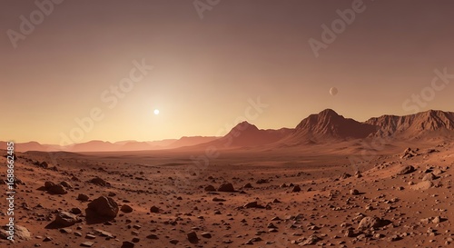 Sunrise over a desolate red planet landscape