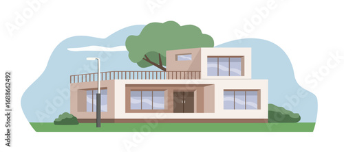 Modern House Illustration with Tree and Lamp. Modern villa house. Housing. Real estate. House ads.