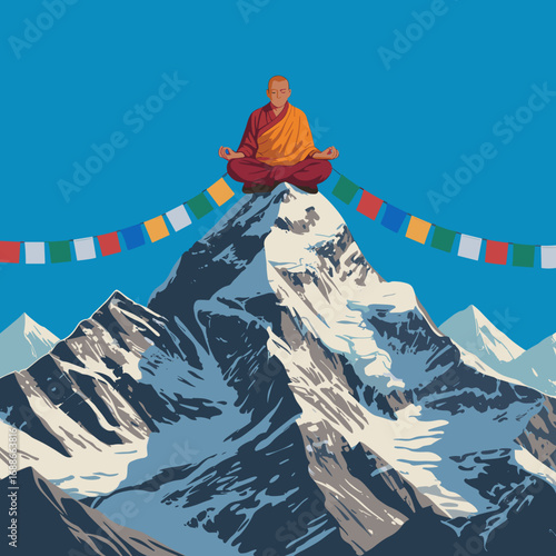 Monk Meditating on Himalayan Mountain Peak Illustraton