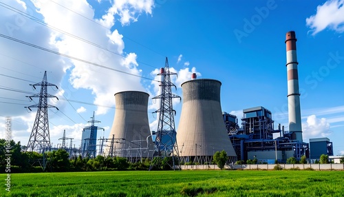 Power plant landscape under a vibrant blue sky