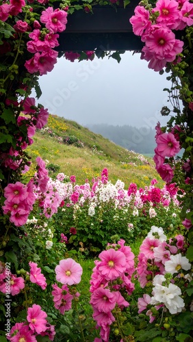 Lush flowers frame a misty hill