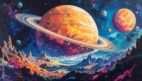 Colorful alien landscape with planets and rings