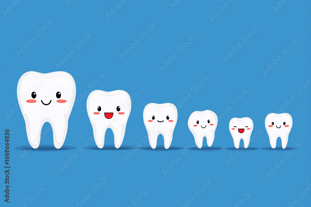 Obraz premium set of cute funny cartoon character happy white healthy tooth smile on blue isolated background. Banner template for pediatric dentistry and children's stomatology
