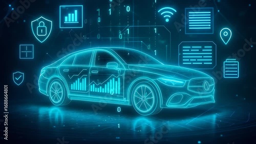 Smart connected car with digital data analysis, security, and Wi-Fi icons showcasing automotive technology and innovation