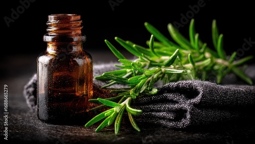 Dark background showcasing a bottle of essential oil and fresh rosemary sprigs.
