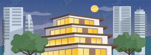 Cityscape at Night. Green city. Night skyscraper. Night skyline. Night building. Night cityscape. Modern villa. Real estate. 