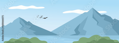 Mountain Landscape with Birds and Clouds. Sea landscape. Lake landscape. Nature illustration. Sunny day.