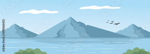 Serene Mountain Landscape with Birds. Sea landscape. Nature landscape.