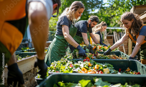 Volunteers sort food scraps into large compost bins in a community garden, turning organic waste into nutrient-rich soil on a sunny day.
