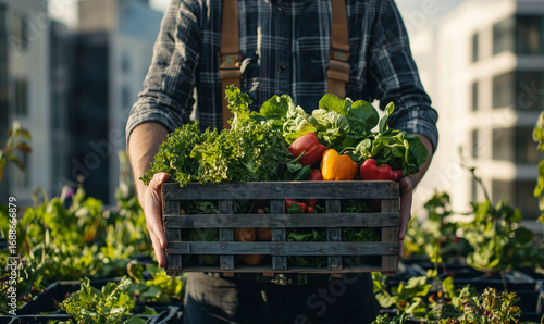 A gardener on a rooftop garden holds a wooden crate filled with fresh greens and colorful peppers, showcasing urban farming and organic harvest against a blurred city backdrop.