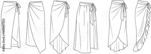 Flat vector illustration of six stylish wrap skirts design, technical fashion sketch, sarong style, tied waist, elegant clothing template.