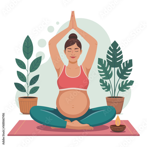 Pregnant Woman Practicing Prenatal Yoga at Home Illutration
