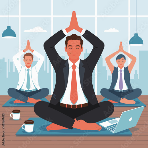 Business Team Practicing Yoga Meditation in Office Illustration