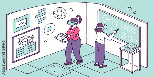 Innovators collaborate using VR headsets for immersive learning and brainstorming dynamic ideas in a modern workspace.