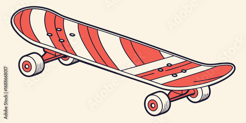 Retro skateboard with vibrant coral stripes and a classic design, perfect for urban adventures