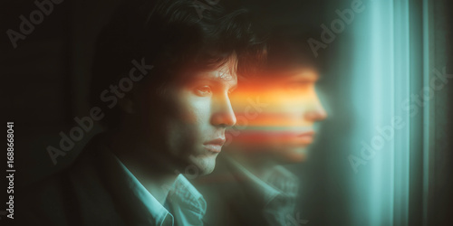 portrait of a sad depressed man with depression and bipolar mental disorders. Stress and schizophrenia. Blurry glitch effect