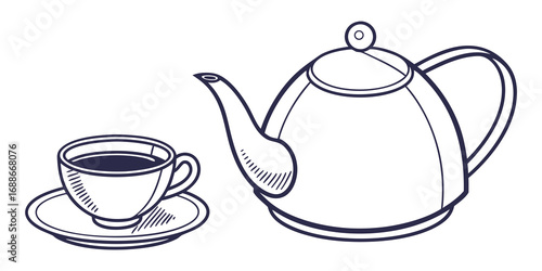Steaming hot coffee cup and ceramic teapot ready for a cozy morning break or cafe service