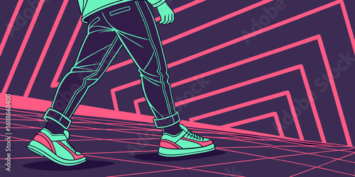 Dynamic individual strides forward with vibrant neon sneakers in a retro-futuristic digital landscape