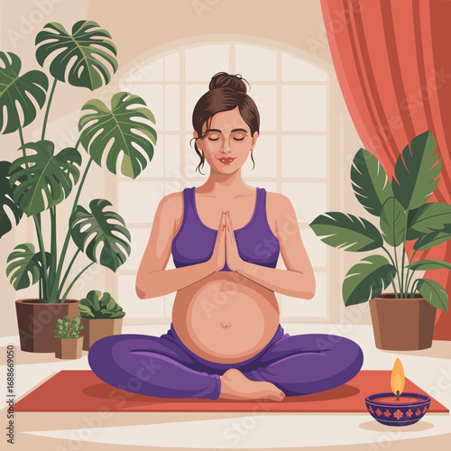 Pregnant Woman Practicing Prenatal Yoga at Home Illutration