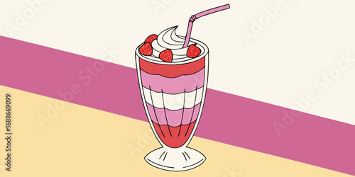 Indulgent strawberry milkshake layered with whipped cream and fresh fruit, perfect for a sweet treat.