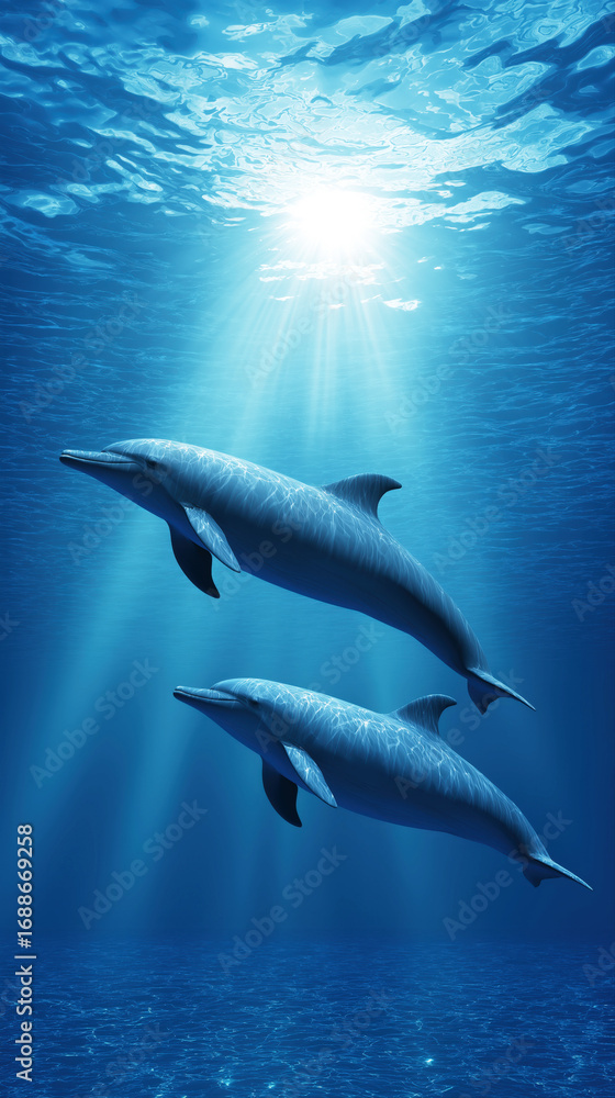 Obraz premium pair of dolphins swim underwater in sea