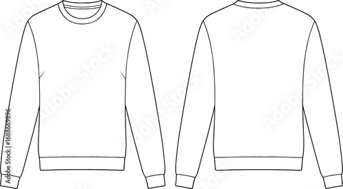 Flat vector technical sketch of basic crewneck sweatshirt with long sleeves, ribbed cuffs, waistband, clean lines, unisex style, and casual fit