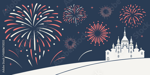 Celebrate with dazzling fireworks illuminating a grand castle, sparking joy and wonder for any festive occasion.