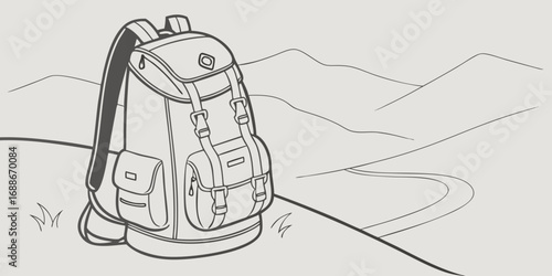 Adventure backpack rests on grassy hill overlooking winding path and distant mountains, ready for exploration.