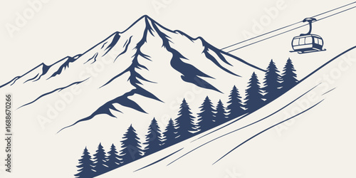 Majestic mountain peaks with a ski lift ascending through pine trees, evoking adventure and freedom.