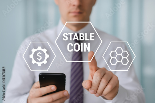 Businessman Using Smartphone to Access Stablecoin Digital Interface