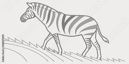 Elegant zebra gracefully walking across grassy terrain in a minimalist, modern artistic style