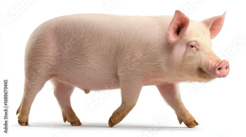 Lonely Adult Pig Strolling on White Background: A Portrait of a Sad Pink Farm Animal