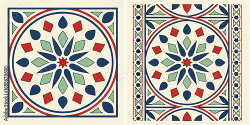 Elegant geometric mosaic pattern with vibrant red, blue, and green accents for sophisticated design projects