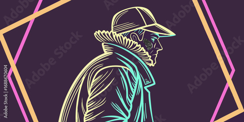 Stylish man in cap and coat with abstract geometric border, modern pop art profile