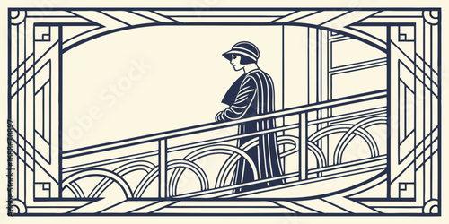 Elegant 1920s woman in stylish attire gazes thoughtfully from a decorative balcony railing