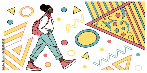 Confident woman with backpack strides forward amidst vibrant abstract shapes, embodying modern style and purpose.